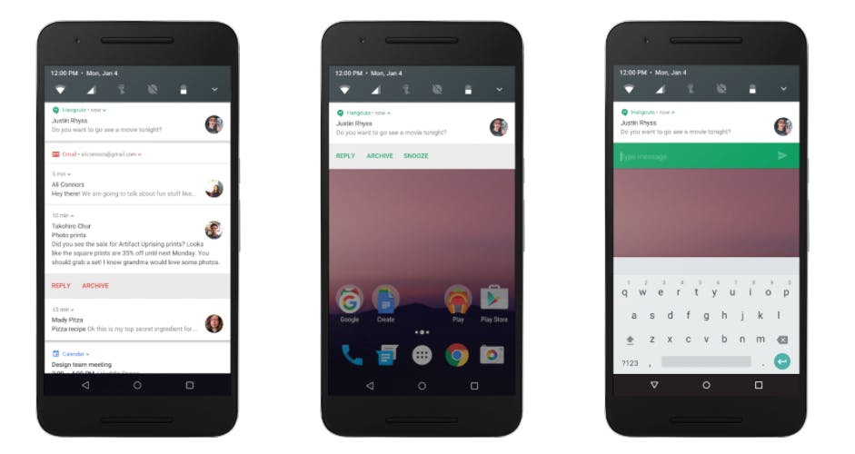Three Android N notifications screen grabs