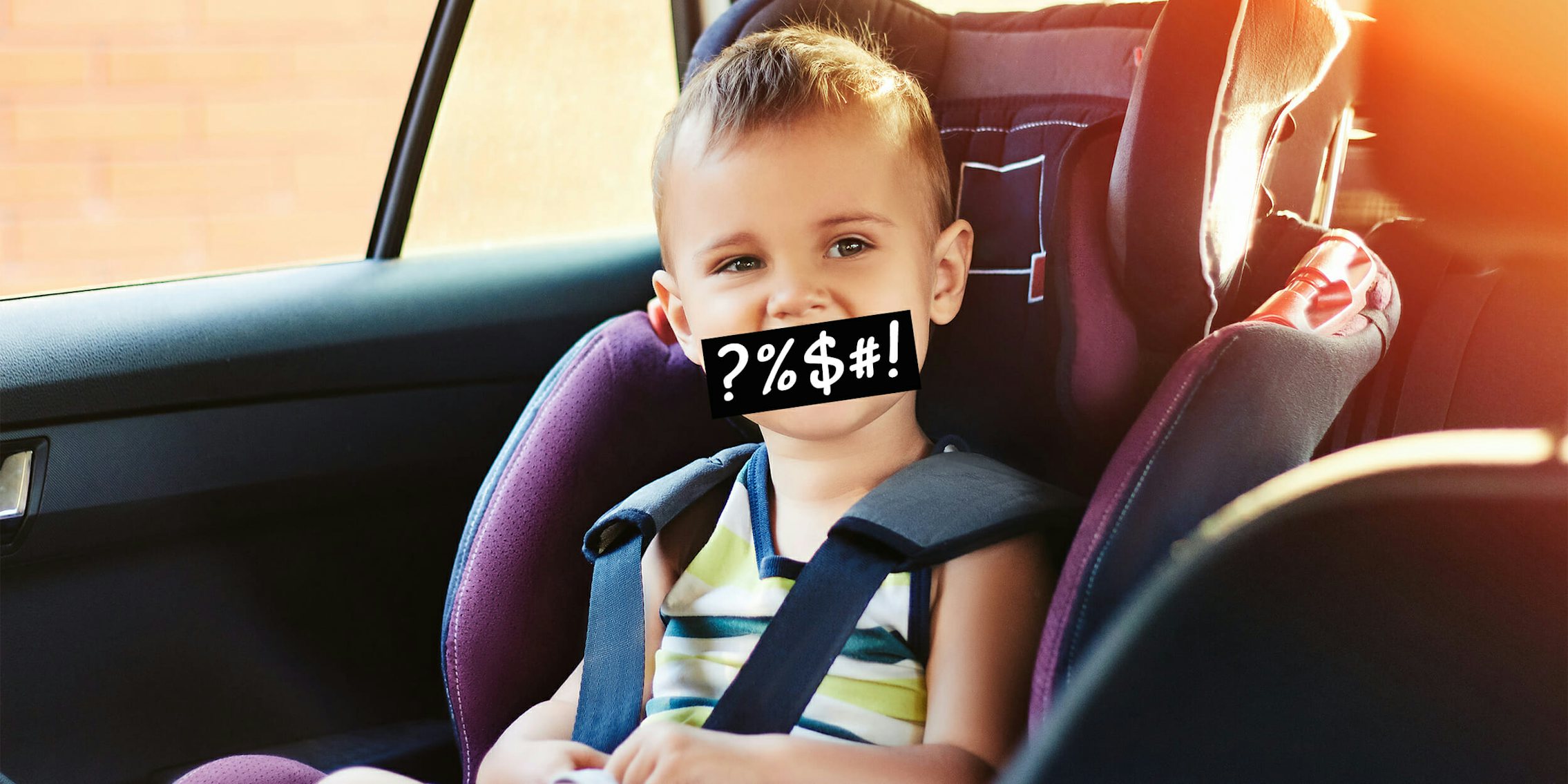 Child in car seat with censor bar covering mouth