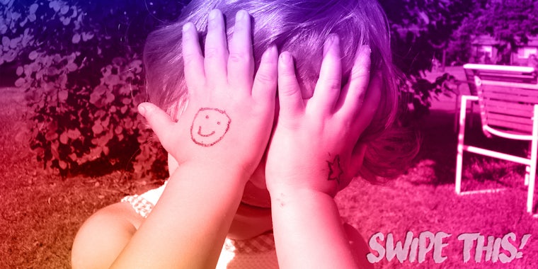 Child covering face under Instagram color filter