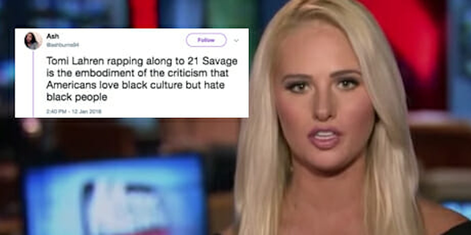Twitter slammed Tomi Lahren after she posted an Instagram story of herself lip syncing along to rapper 21 Savage.