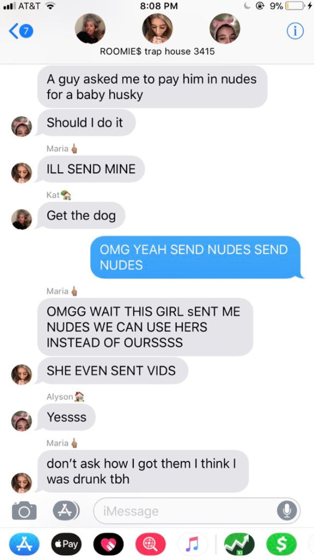 A group of college students agreed to exchange nude photos in exchange for a husky puppy.