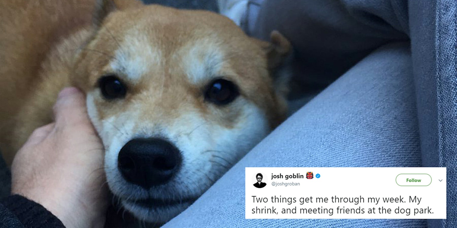 Josh Groban tweet at dog park before shooting 'Two things get me through my week. My shrink, and meeting friends at the dog park.'