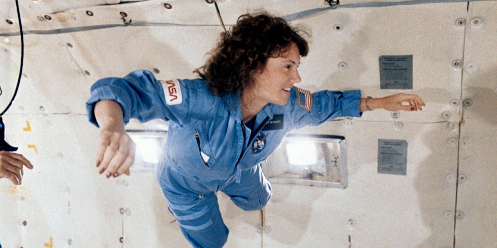 NASA astronaut Christa McAuliffe floating