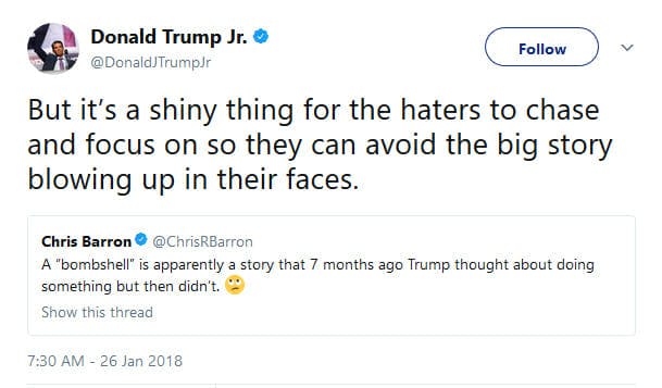 Donald Trump Jr. reacted similarly to Sean Hannity to the latest report that Donald Trump tried to fire Special Counsel Robert Mueller.