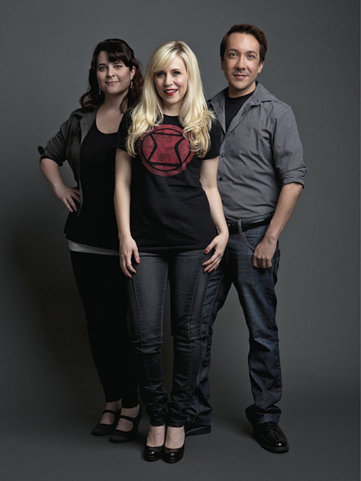 Ashley Eckstein (center) with the 2014 fashion show winners Amy Beth Christenson (left) and Andrew MacLaine (right).