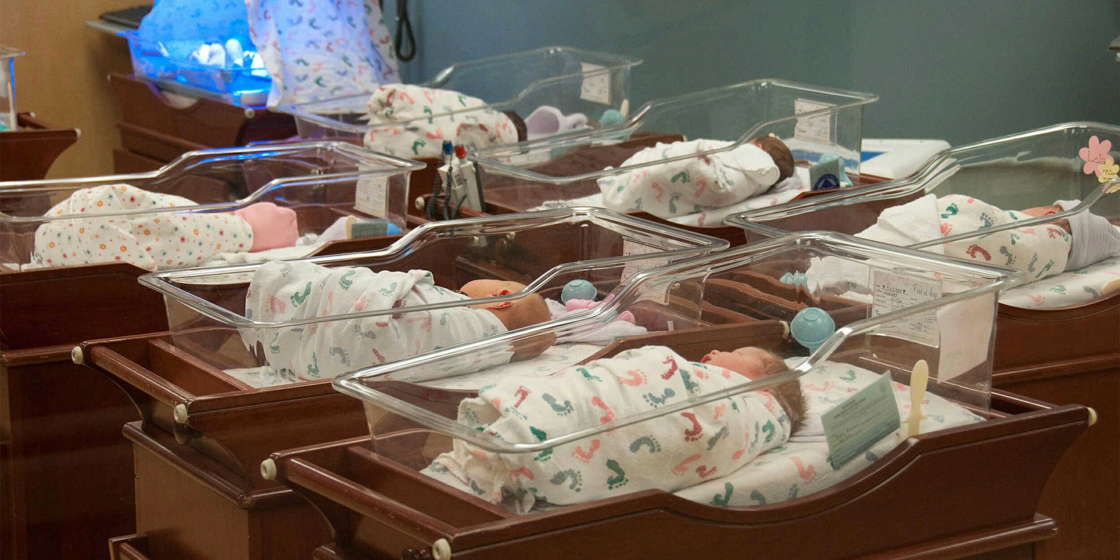 Newborn babies swaddled in hospital nursery