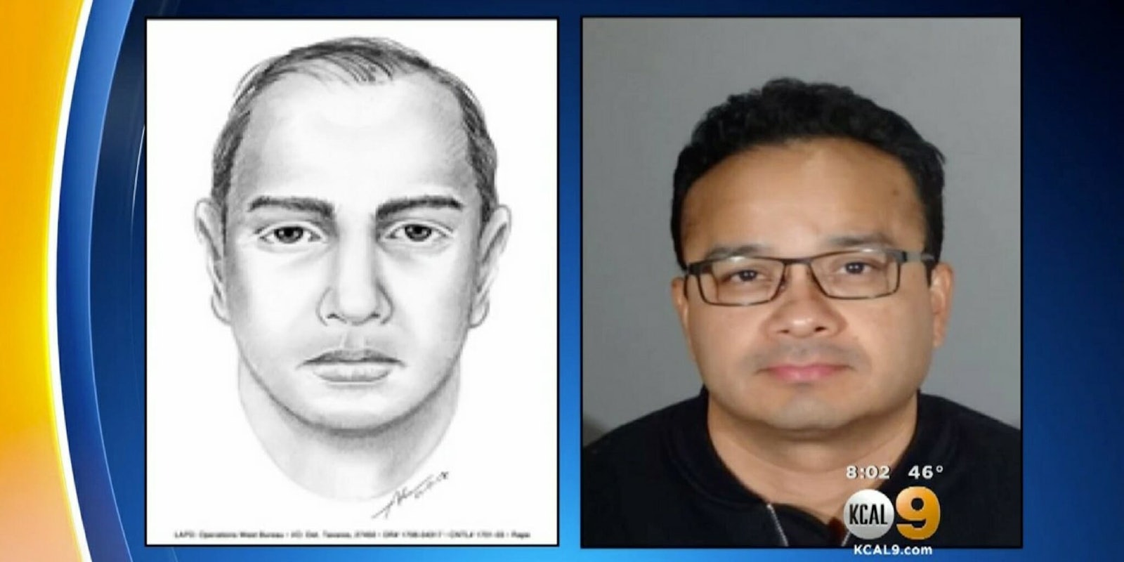An LAPD police sketch and a mugshot photo of Nicolas Morales.