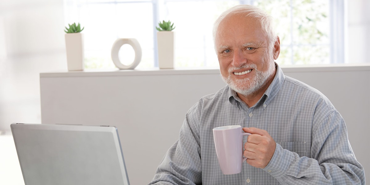 'Hide the Pain Harold' man holding mug sitting at laptop