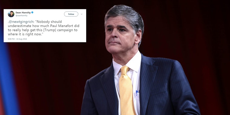 Sean Hannity's tweet about Newt Gingrich praising Paul Manafort's work on the Trump campaign has resurfaced in light of the announcement that Manafort was indicted as part of Robert Mueller's Russia probe.