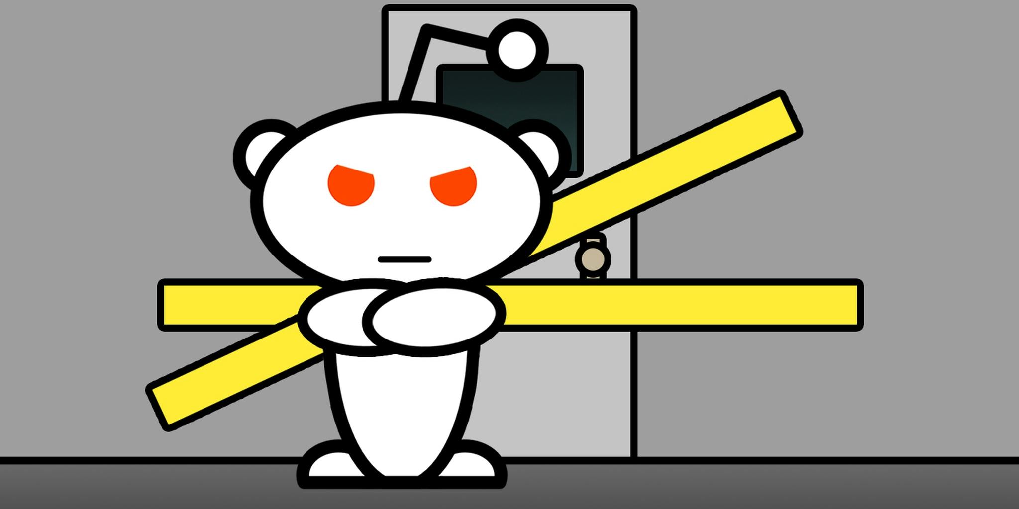 Angry Reddit snoo in front of yellow-taped door
