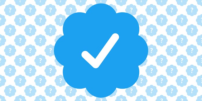 Verified Twitter icon with background pattern of Verified icon with question mark in place of check mark
