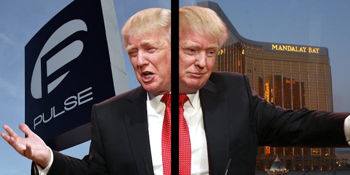 Donald Trump split in two in front of Pulse nightclub sign and Mandalay Bay