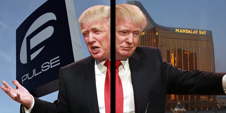 Donald Trump split in two in front of Pulse nightclub sign and Mandalay Bay