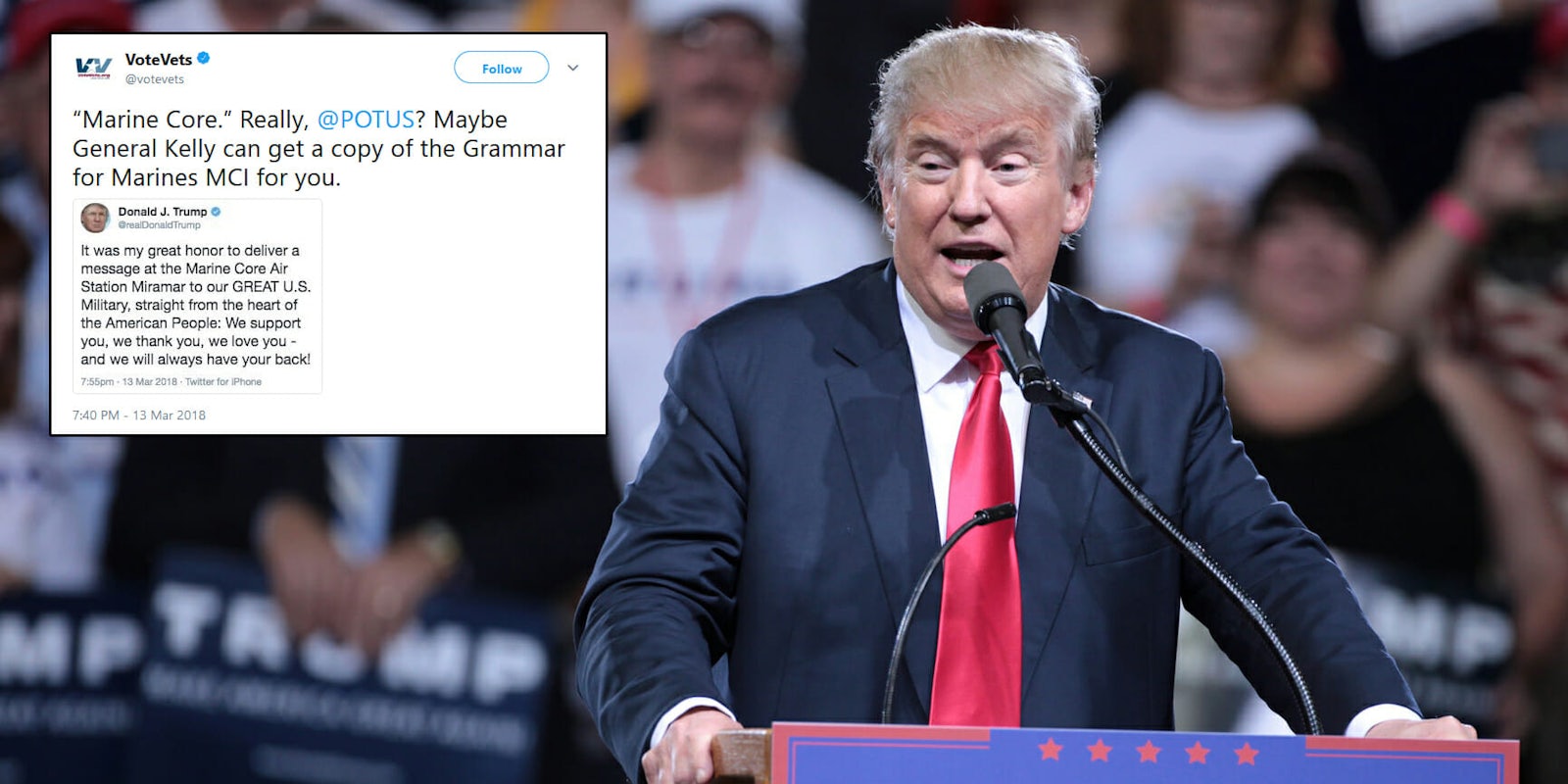 President Donald Trump misspelled 'Marine Corps' on Tuesday night, instead writing 'Marine Core' and Twitter quickly took notice and mocked him.