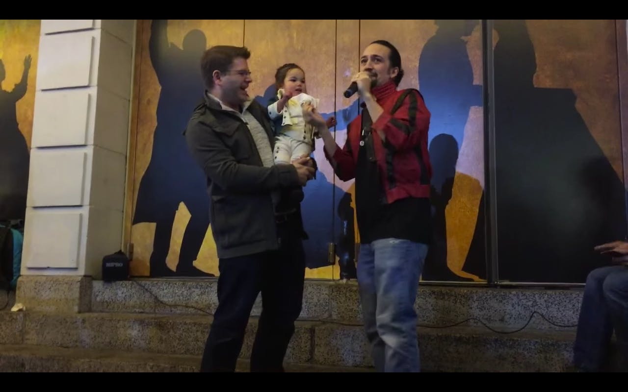 Lin-Manuel Miranda and a baby cosplaying as Alexander Hamilton at #Ham4Ham on Halloween