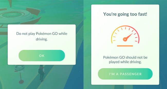 The old (left) and new (right) warnings against playing Pokemon Go while driving.