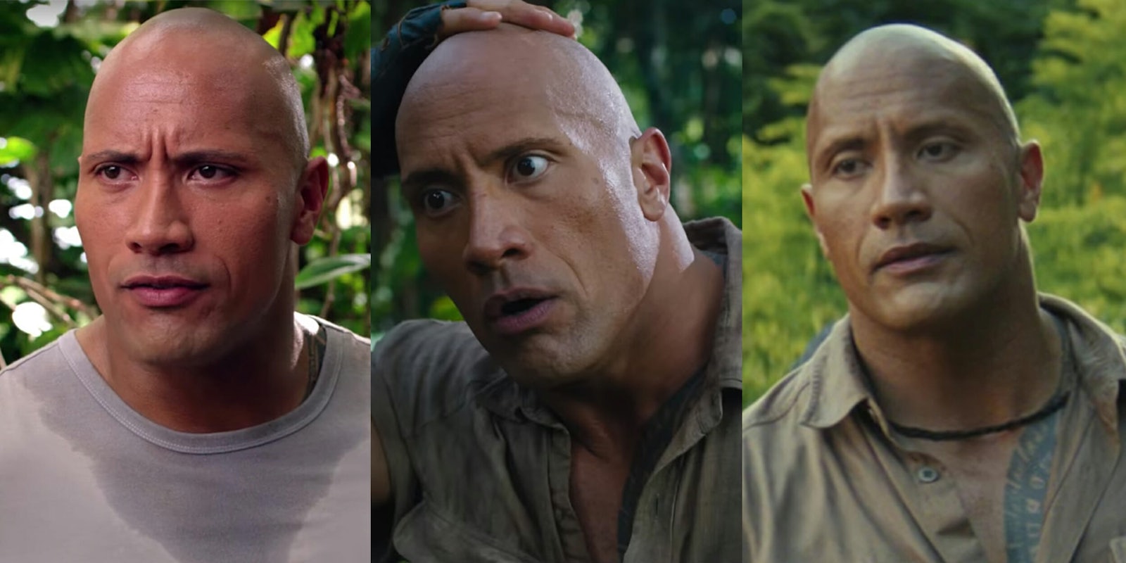 The Rock wearing similar clothes from three different movies.