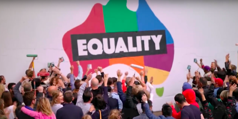Citizens of Australia vote a majority 'yes' on making gay marriage legal.