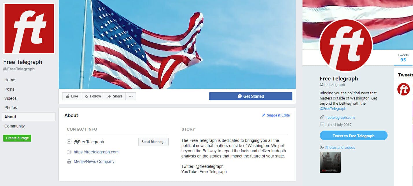 The Twitter and Facebook descriptions of The Free Telegraph, a Republican Governors Association propaganda site masquerading as a news source.