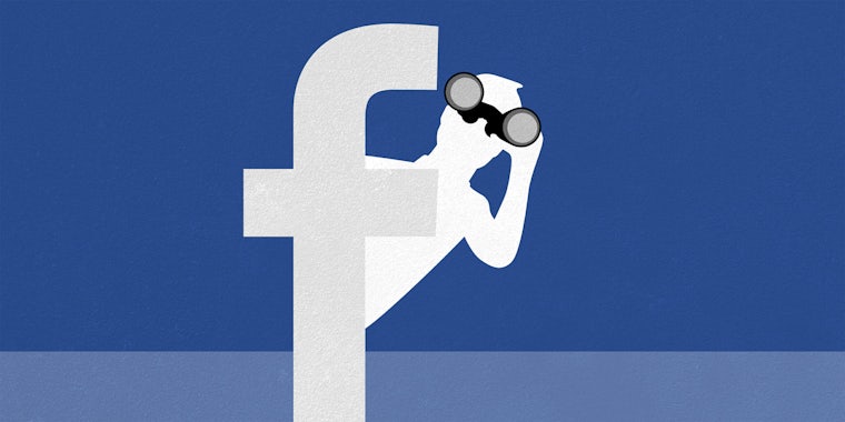 Facebook man logo peeking around Facebook 'f' logo with binoculars