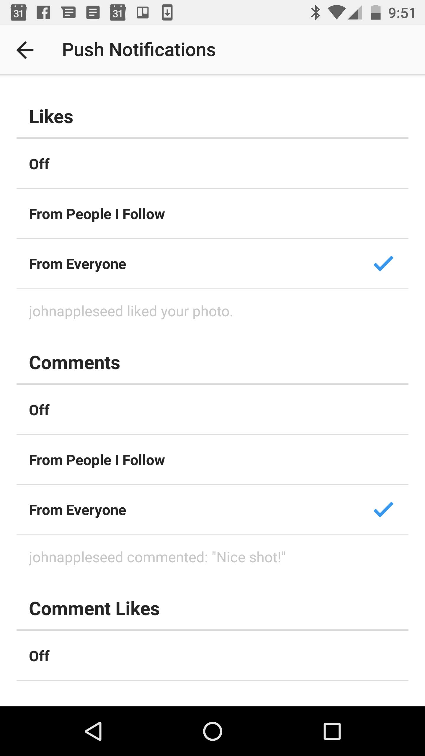 Instagram notification settings