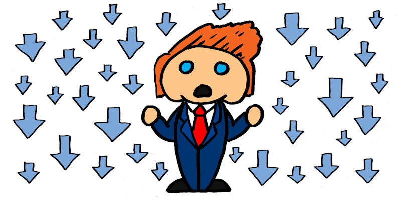 Donald Trump portrayed as the Reddit logo with downvotes around him