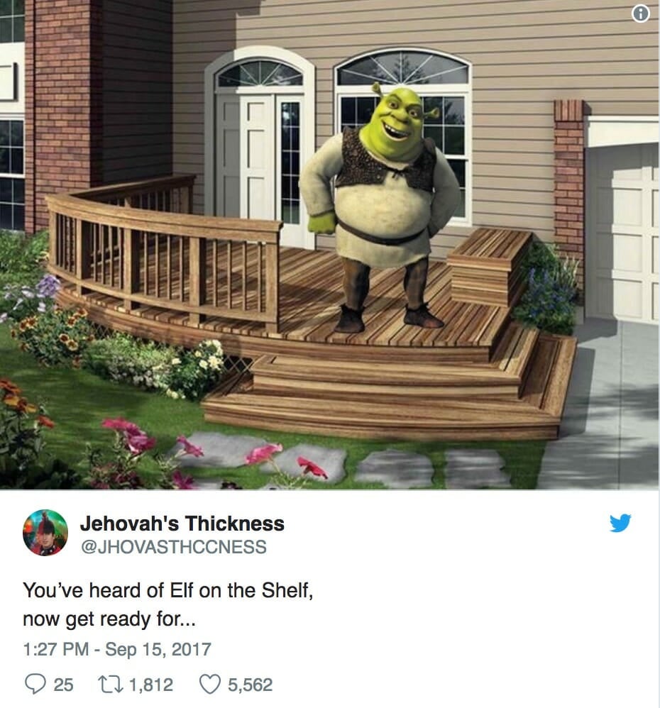 top memes - elf on a shelf and shrek on a deck