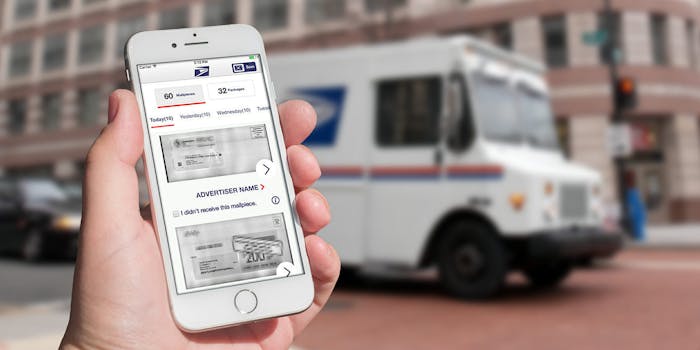 iPhone with Informed Delivery app in front of a mail truck on the street