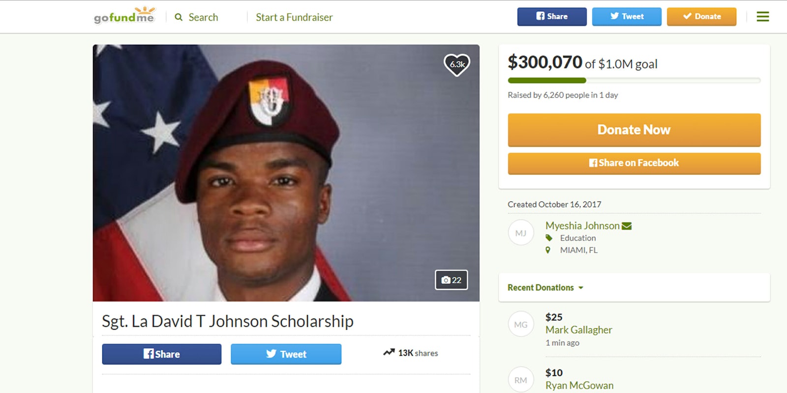 A scholarship fund on GoFundMe for Sgt. La David T. Johnson has quickly gone viral.