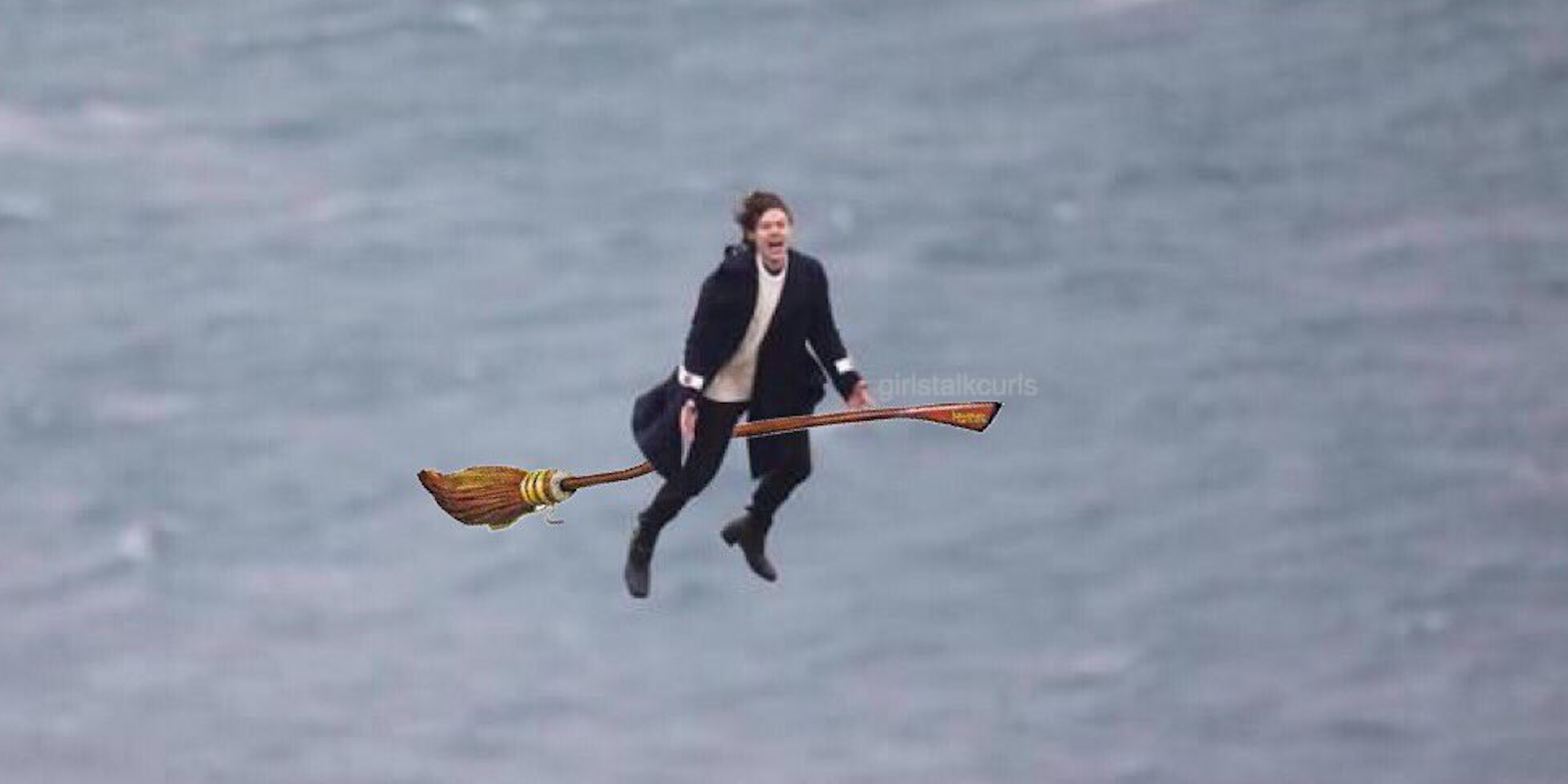 flying harry styles meme: Harry Styles flying on broom harry potter
