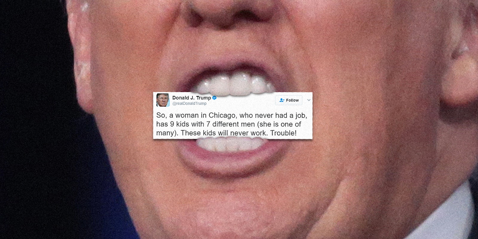 Donald Trump with a tweet in his mouth
