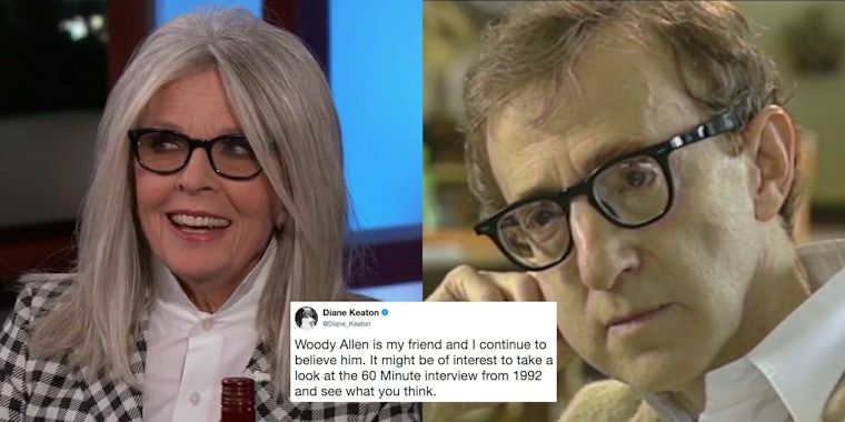 Diane Keaton, Woody Allen, and tweet of Keaton's defending Allen saying she still believes his innocence.