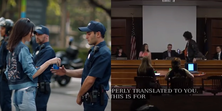 Kendall Jenner in her Pepsi commercial next to a Portland protester who offered the mayor a Pepsi.