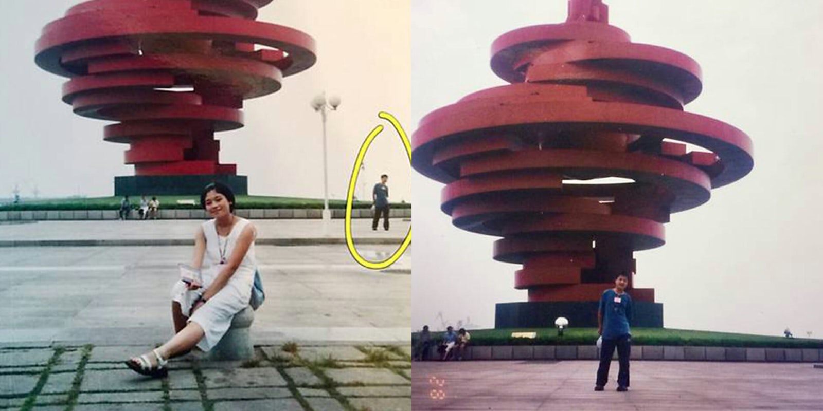 Man and woman posing in May Fourth Square, Qingdao, in separate photos 11 years before they met