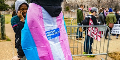 A person wearing a transgender flag as a cape at the Women's march in Washington D.C.