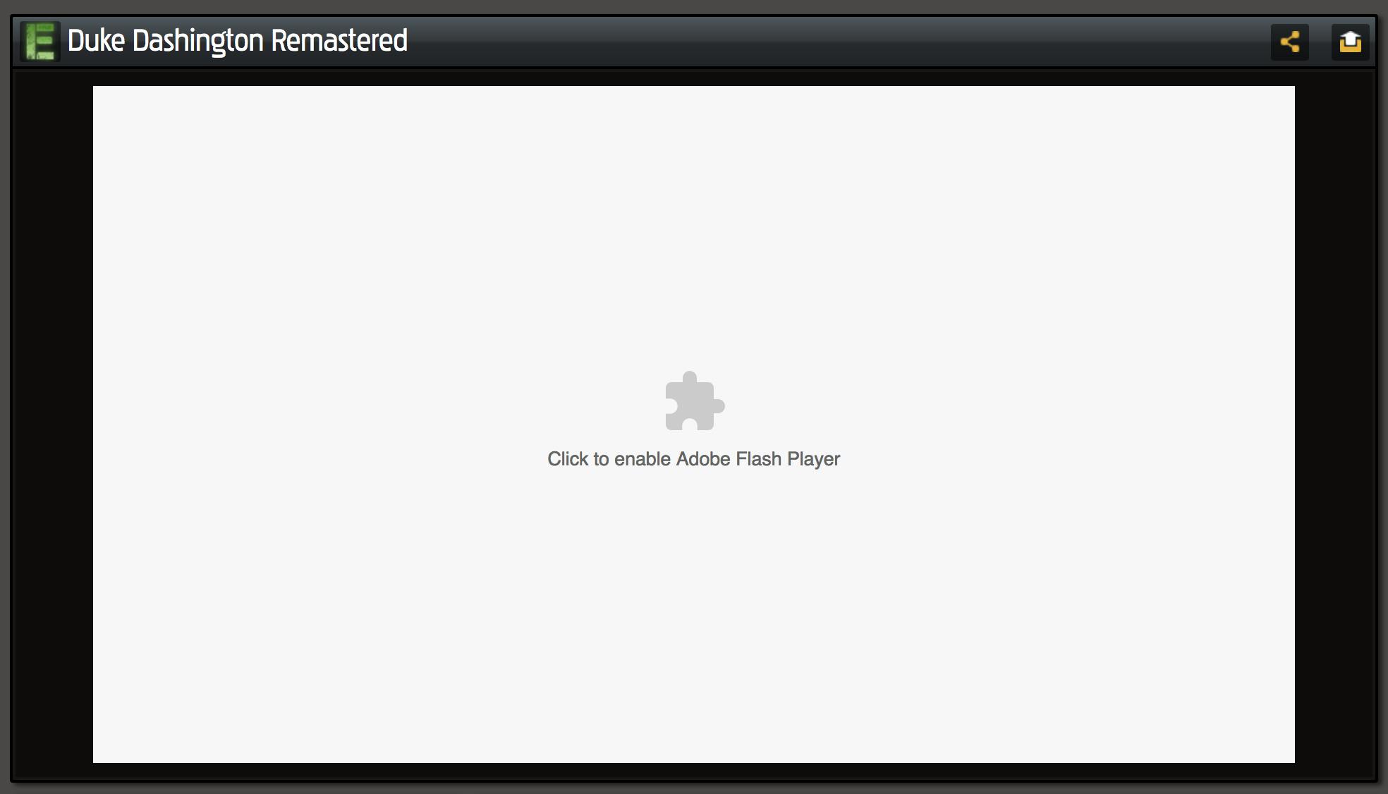 Screenshot showing a website loading an empty game with the error message "Click to enable Adobe Flash Player"