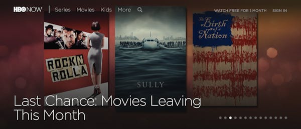 menu of the movie streaming site hbo now