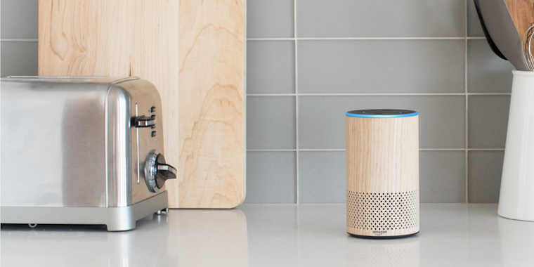 Amazon Echo in kitchen next to a toaster