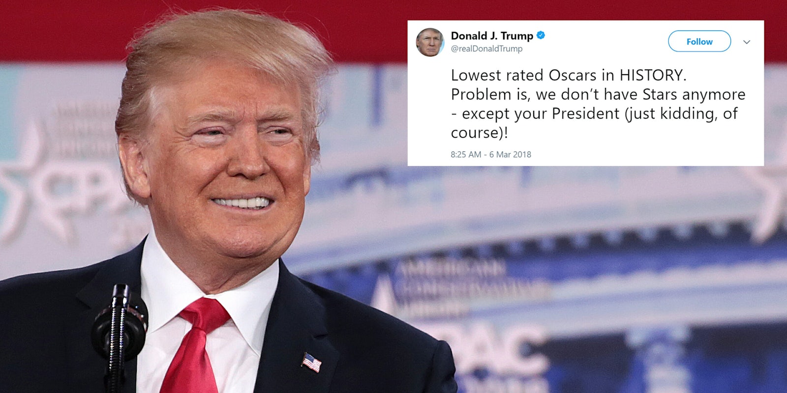 Donald Trump with 'Lowest rated Oscars in HISTORY.' tweet