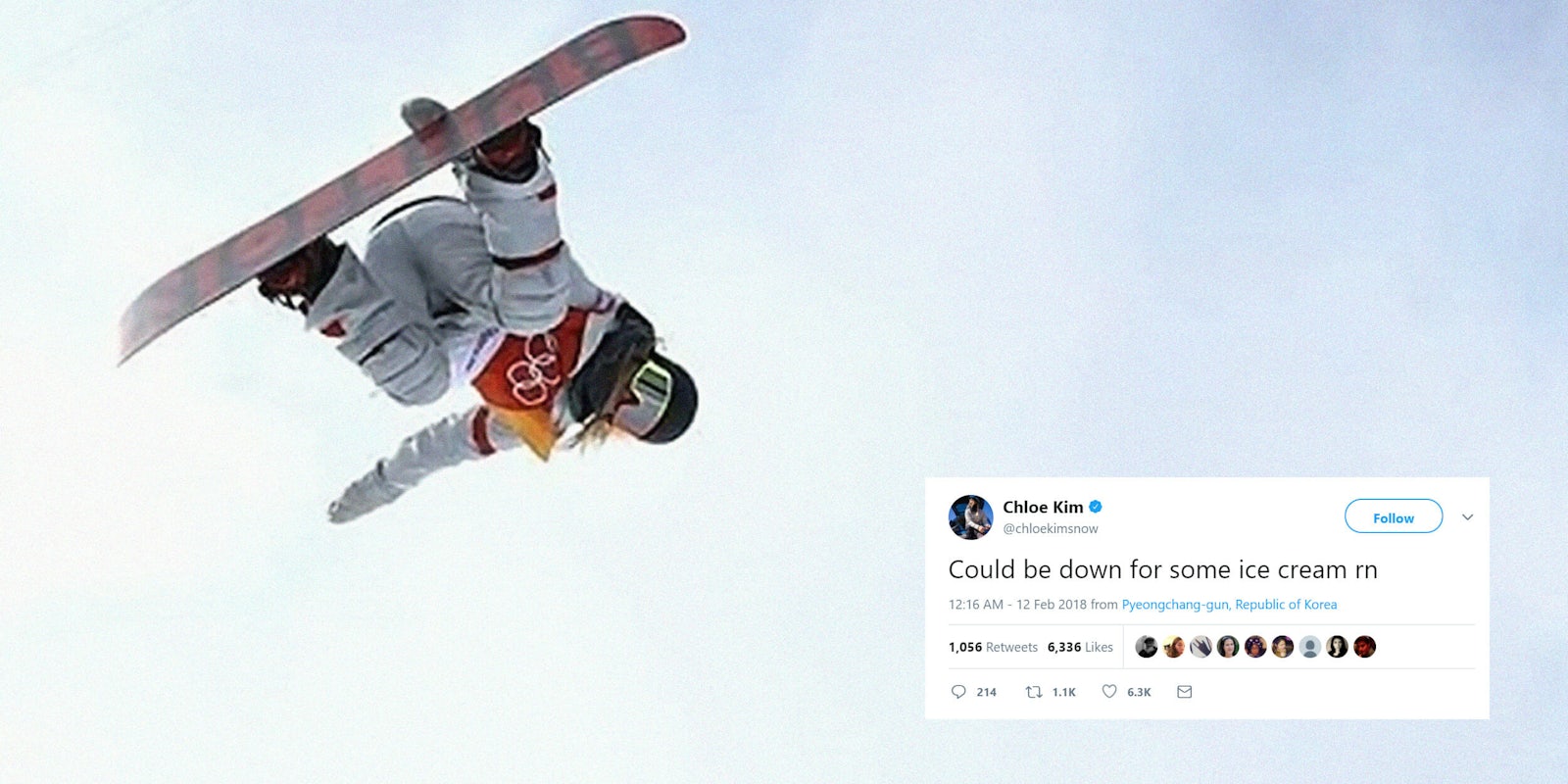 Chloe Kim flying through the air on a snowboard with 'Could be down for some ice cream rn' tweet