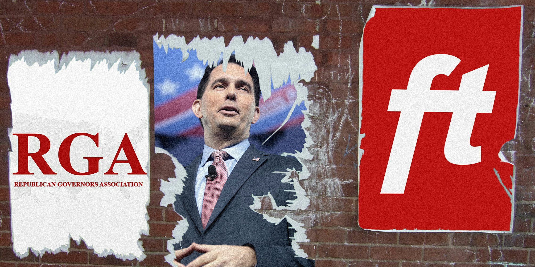 Republican Governors Association, Scott Walker, and Free Telegraph logo posters on brick wall