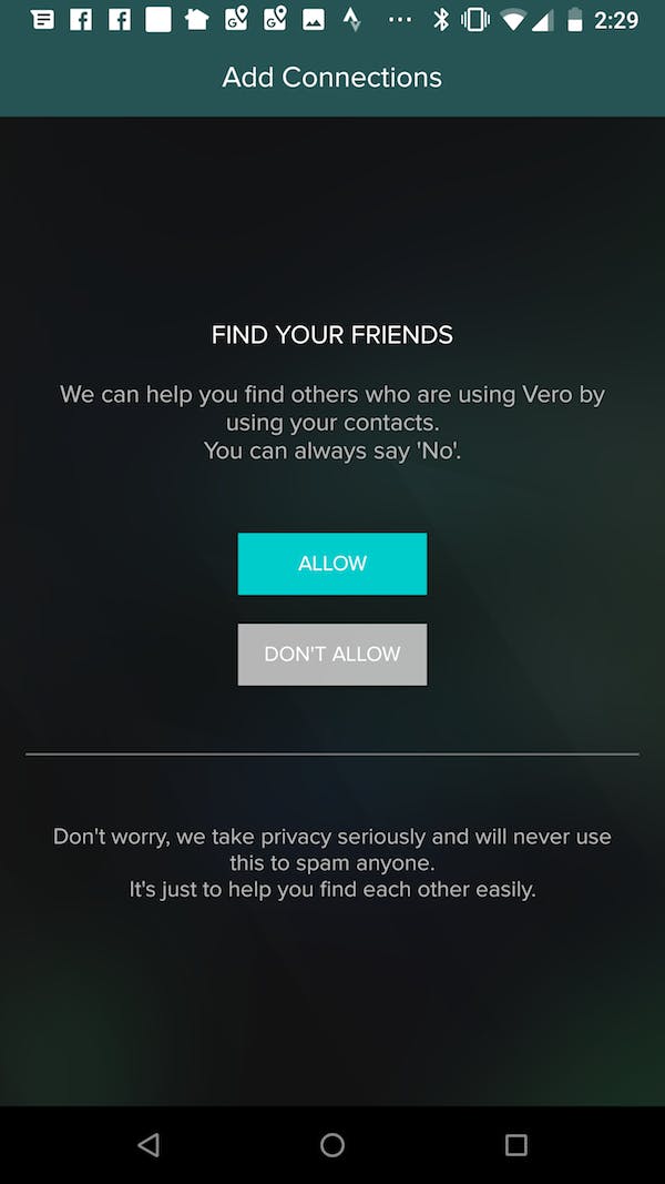 Vero app contacts permission screen