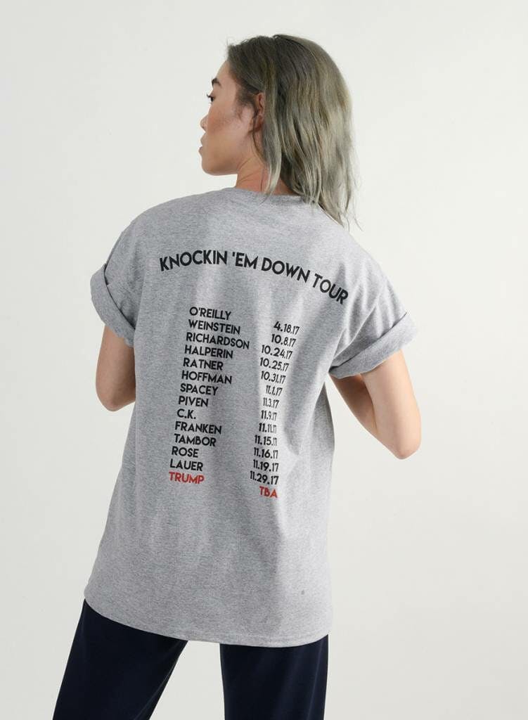 The 'Knockin' Em Down Tour' shirt of men who have been ousted as sexual harassers or assaulters.