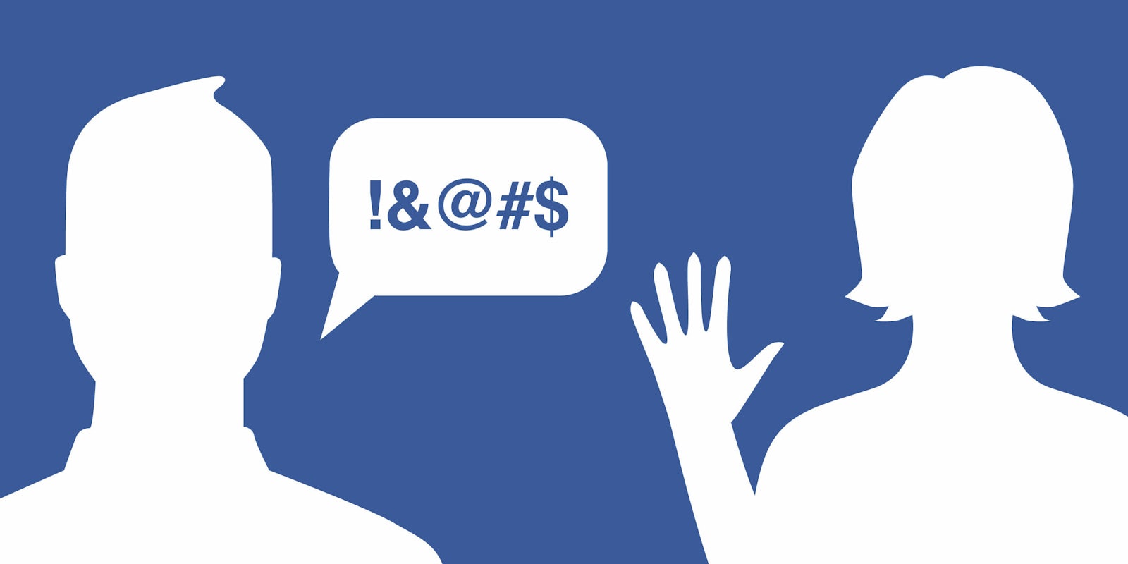 Vector illustration of a Facebook icon of a masculine person with a speech bubble filled with profanity, next to a Facebook icon of a feminine person.