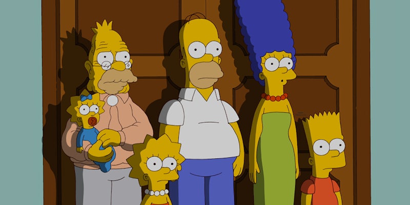Grandpa, Maggie, Homer, Marge, Lisa and Bart Simpson