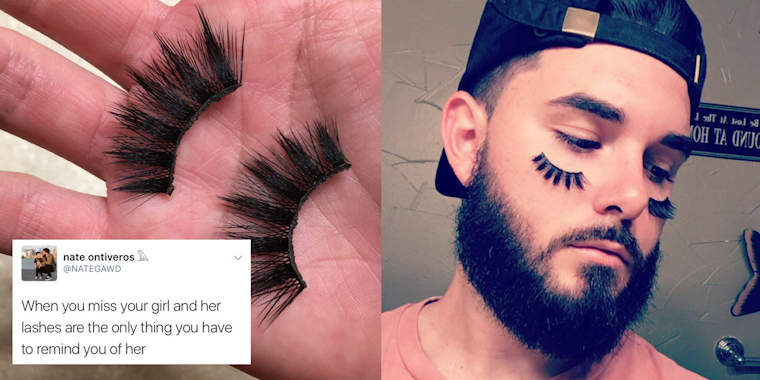 A man tries on his girlfriend's fake eyelashes in a viral tweet.