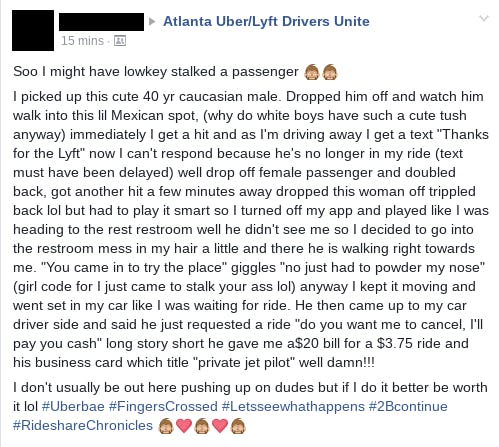 Uber Atlanta drivers group stalker comment
