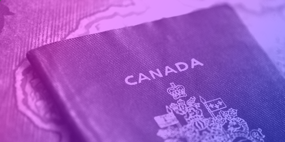 A Canada passport overlayed in pink, purple, and blue.