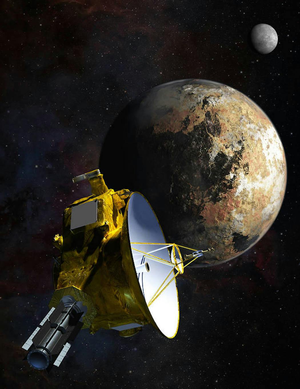 NASA caption: Artist’s concept of NASA’s New Horizons spacecraft as it passes Pluto and Pluto’s largest moon, Charon, in July 2015.