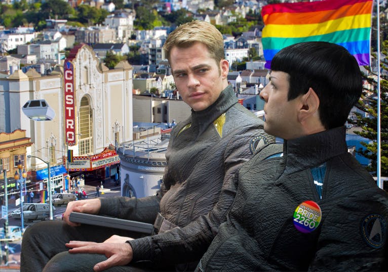 photomanip of Chris Pine and Zach Quinto as Kirk and Spock, wearing pride badges and looking out over hollywood.